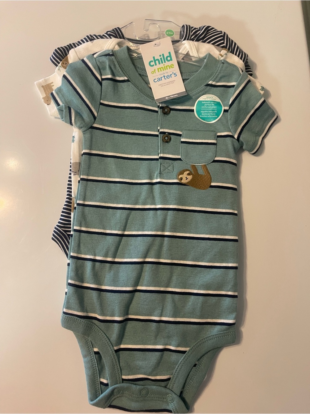 NWT -Carter's Child of Mine Green Striped Baby Bodysuit - 3-Pack